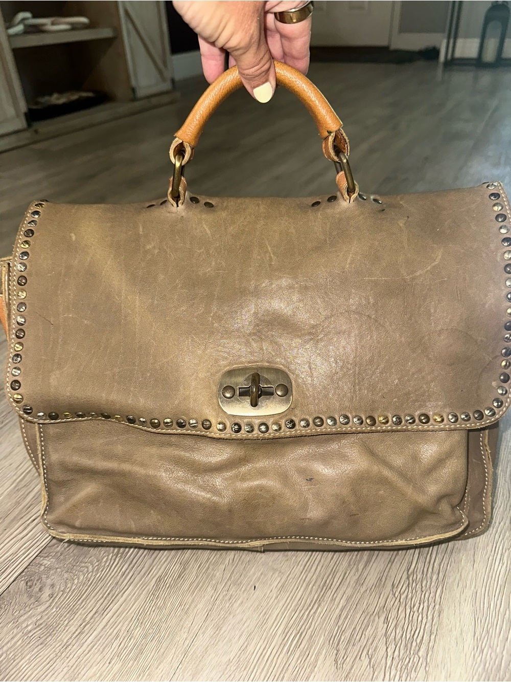 Topelle Distressed Olive Green Leather Satchel Briefcase Laptop Bag